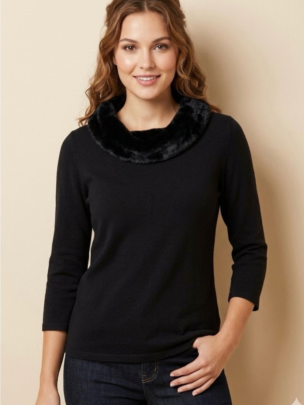 Silk and Angora blends Willi Smith Black Cowl-Neck Sweater with Faux-Fur Collar